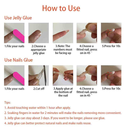 Almond Press Nails - Medium Fake Nails, Nude & Black, Glossy Stick On, Full Cover, 24 Pcs/Set